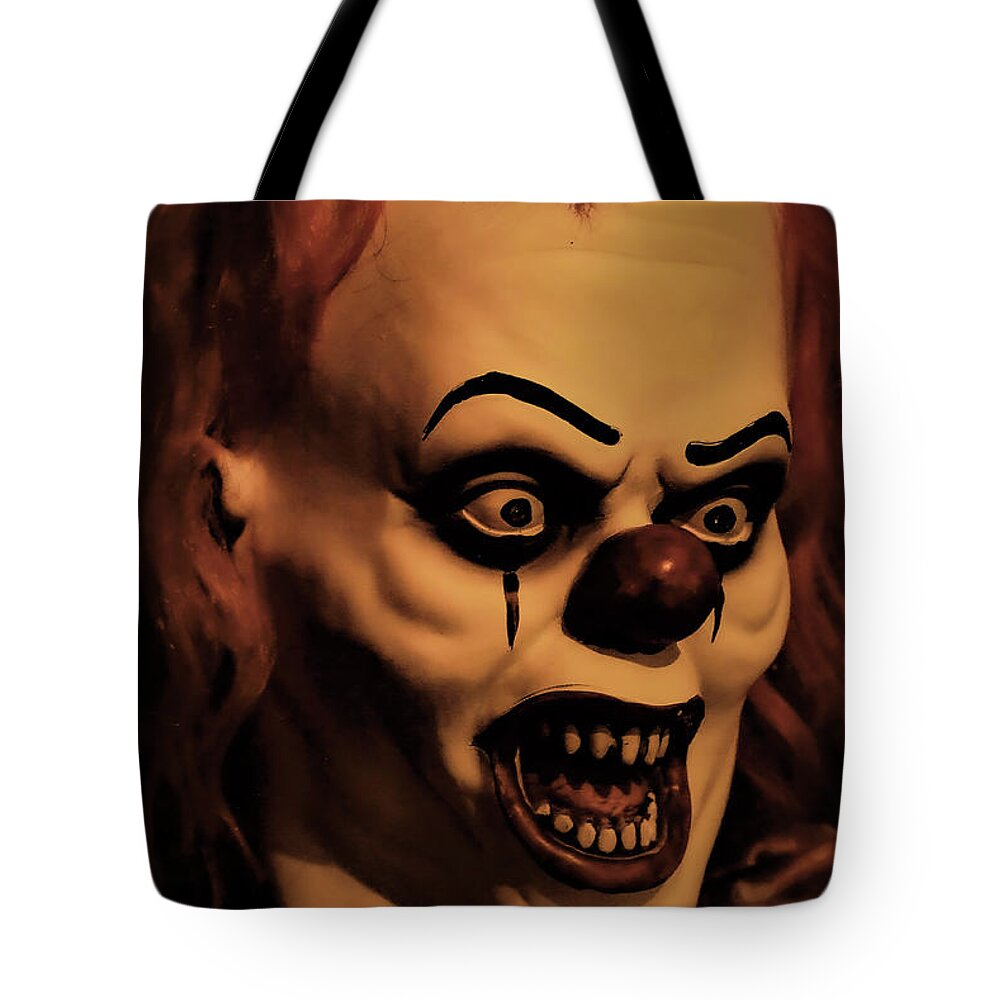 Clown Face Scary Close Red Teeth Halloween Tote Bag featuring the photograph Clown by John Linnemeyer