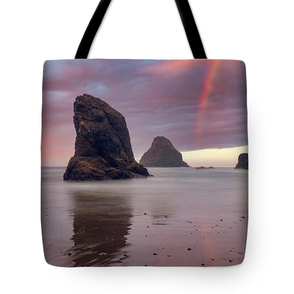 Oregon Coast Tote Bag featuring the digital art Coastal Rainbow by Michael Rauwolf