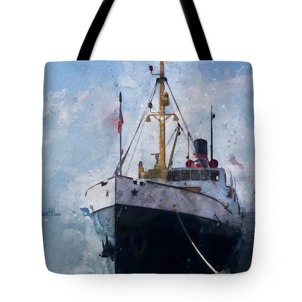Steamer Tote Bag featuring the digital art Coastal Steamer by Geir Rosset