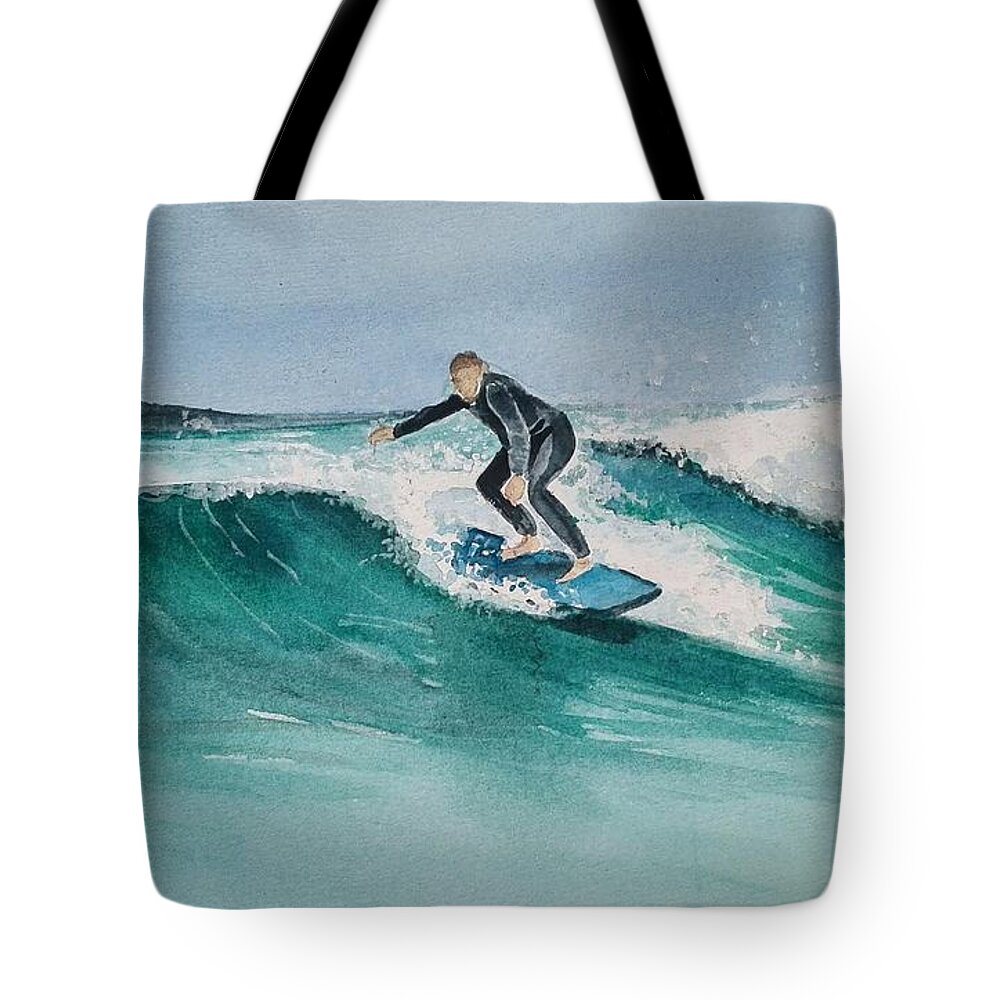 Surfer Tote Bag featuring the painting Coastal Surfer by Sandie Croft