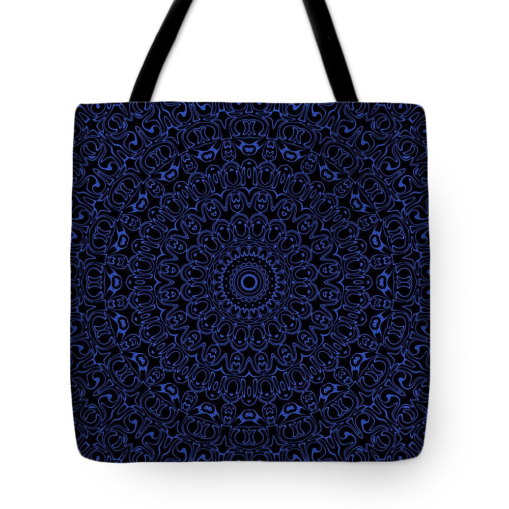Cobalt Blue Tote Bag featuring the digital art Cobalt Blue on Black Mandala Kaleidoscope Medallion Flower by Mercury McCutcheon