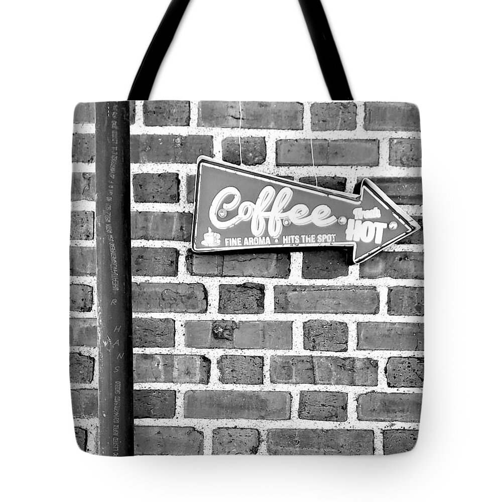 Coffee Tote Bag featuring the photograph Coffee Arrow B W by Rob Hans