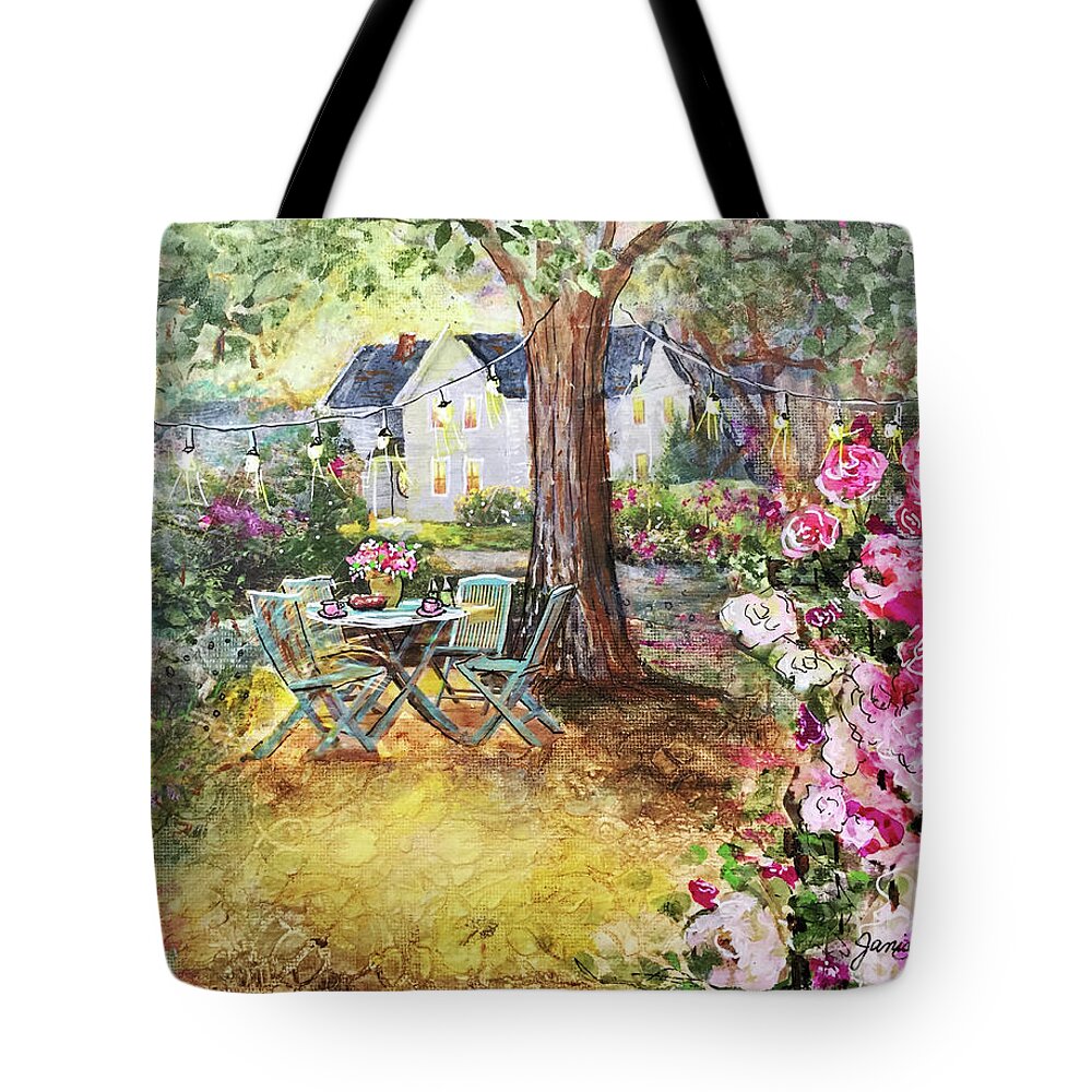  Collage Tote Bag featuring the mixed media Coffee In The Garden by Janis Lee Colon