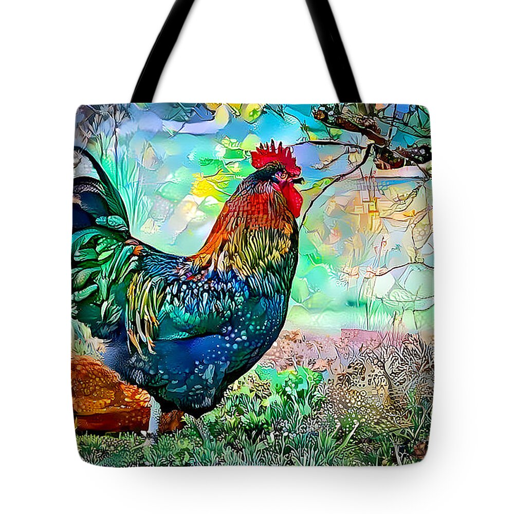 Rooster Tote Bag featuring the mixed media Cogburn and the Mrs. by Debra Kewley