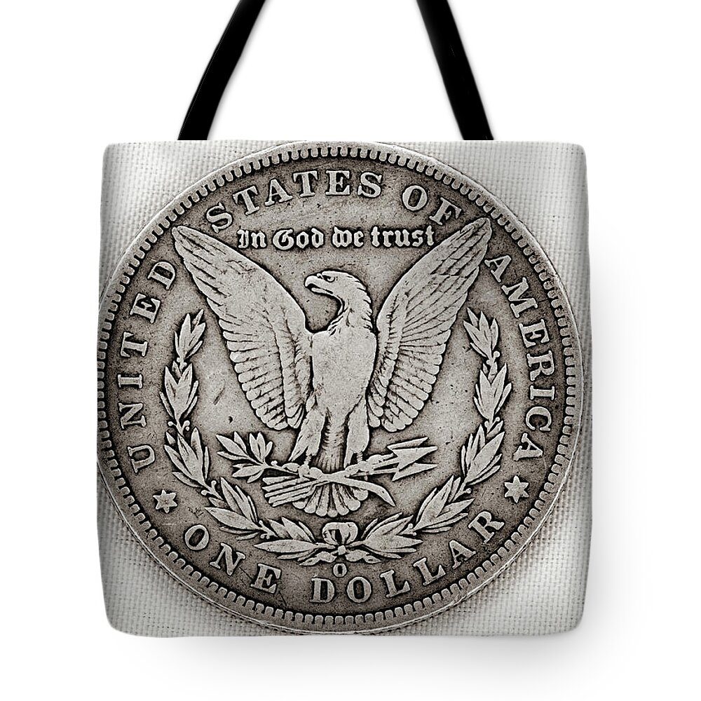Antique Tote Bag featuring the photograph Coin Collecting - 1887 Morgan Dollar Eagle Side by Amelia Pearn