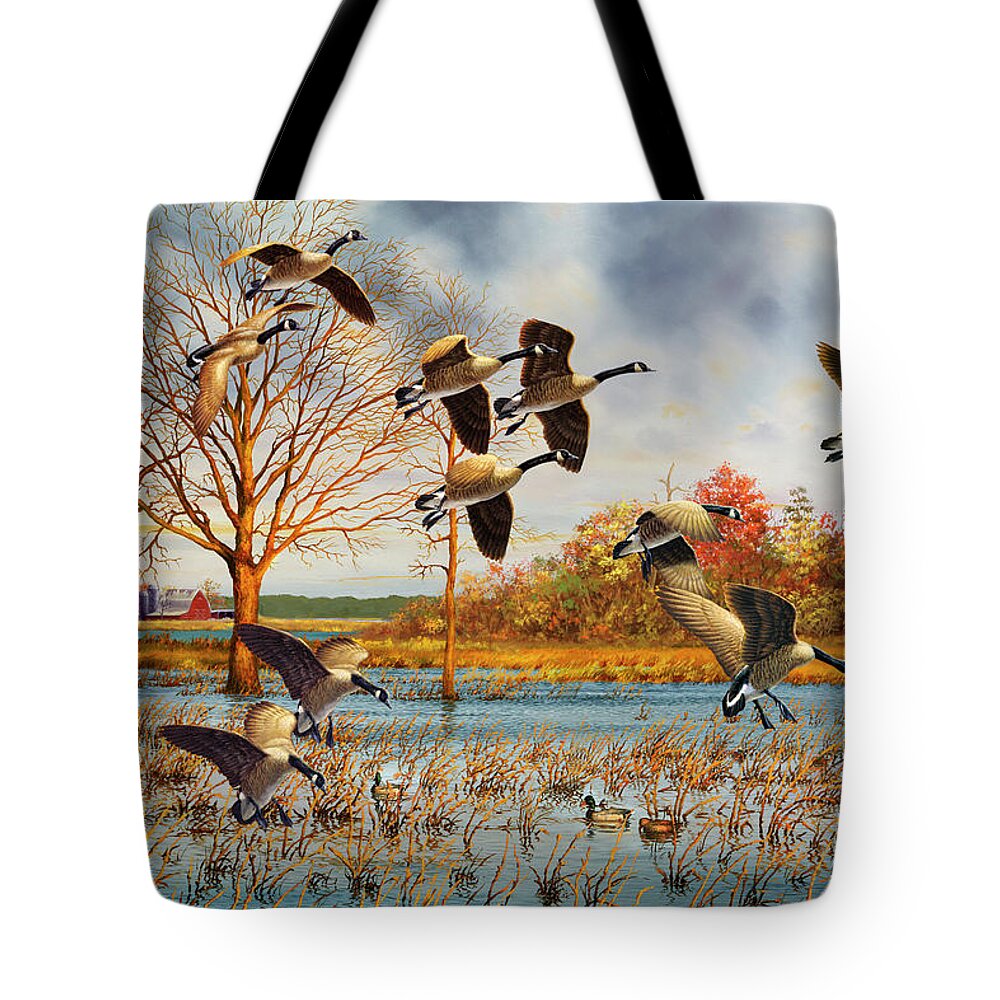 Canada Geese Tote Bag featuring the painting Cold Front by Guy Crittenden