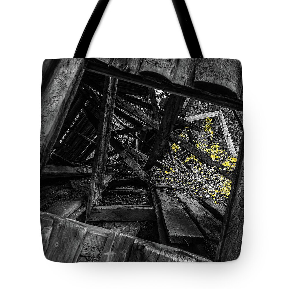 Abstract Tote Bag featuring the photograph Collapsed mountain cabin by Bradley Morris