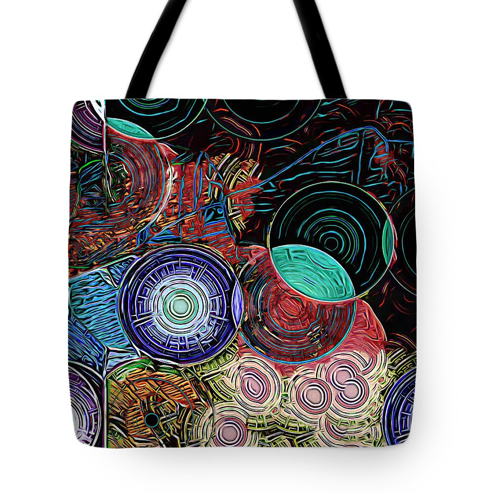 Orbs Tote Bag featuring the mixed media Collateral Damage 1 by Lynda Lehmann