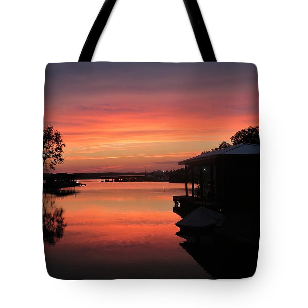 Lake Sinclair Tote Bag featuring the photograph Color Striped Lake Cove Morning by Ed Williams