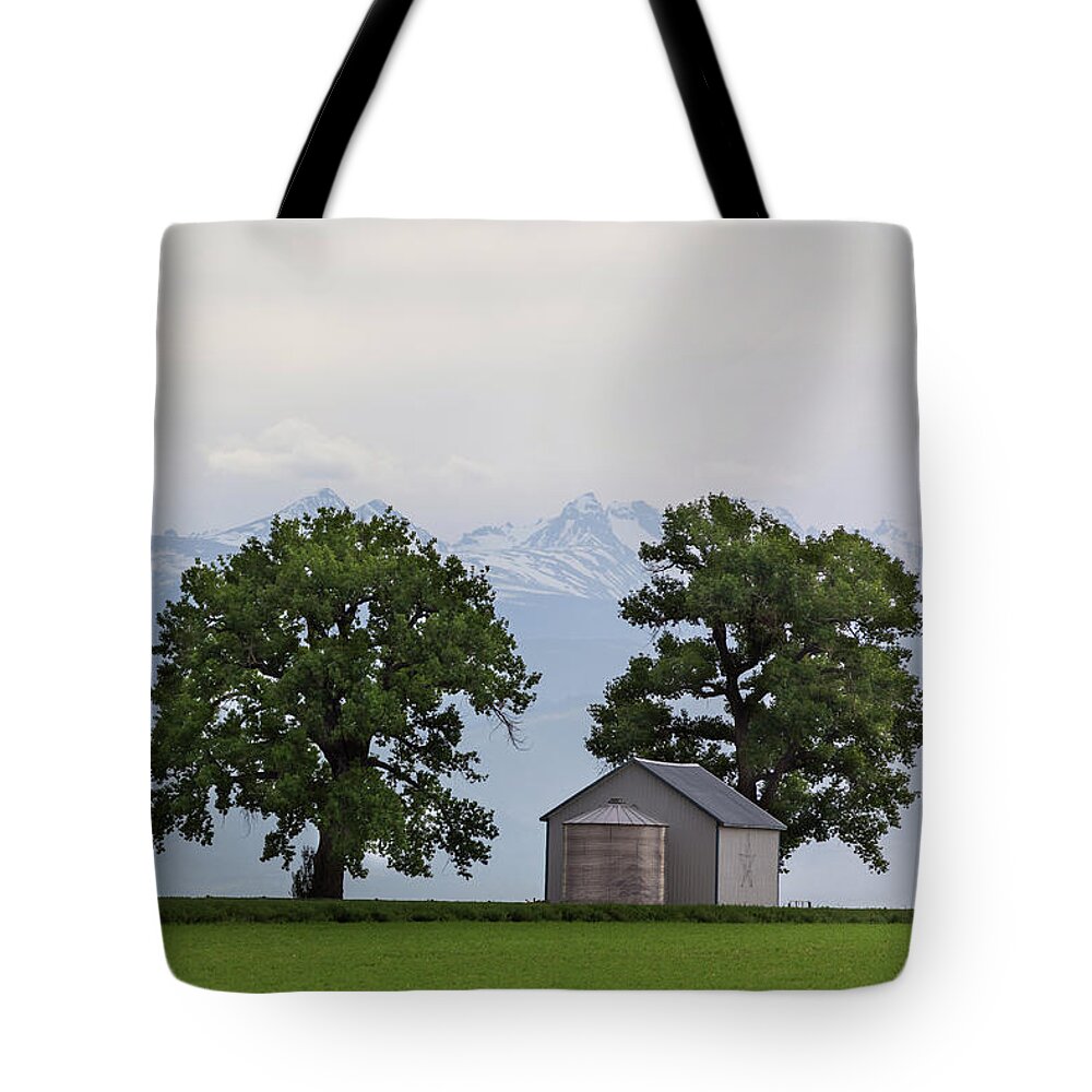 Colorado Tote Bag featuring the photograph Colorado Farm Lands and Rocky Mountain Peaks by James BO Insogna