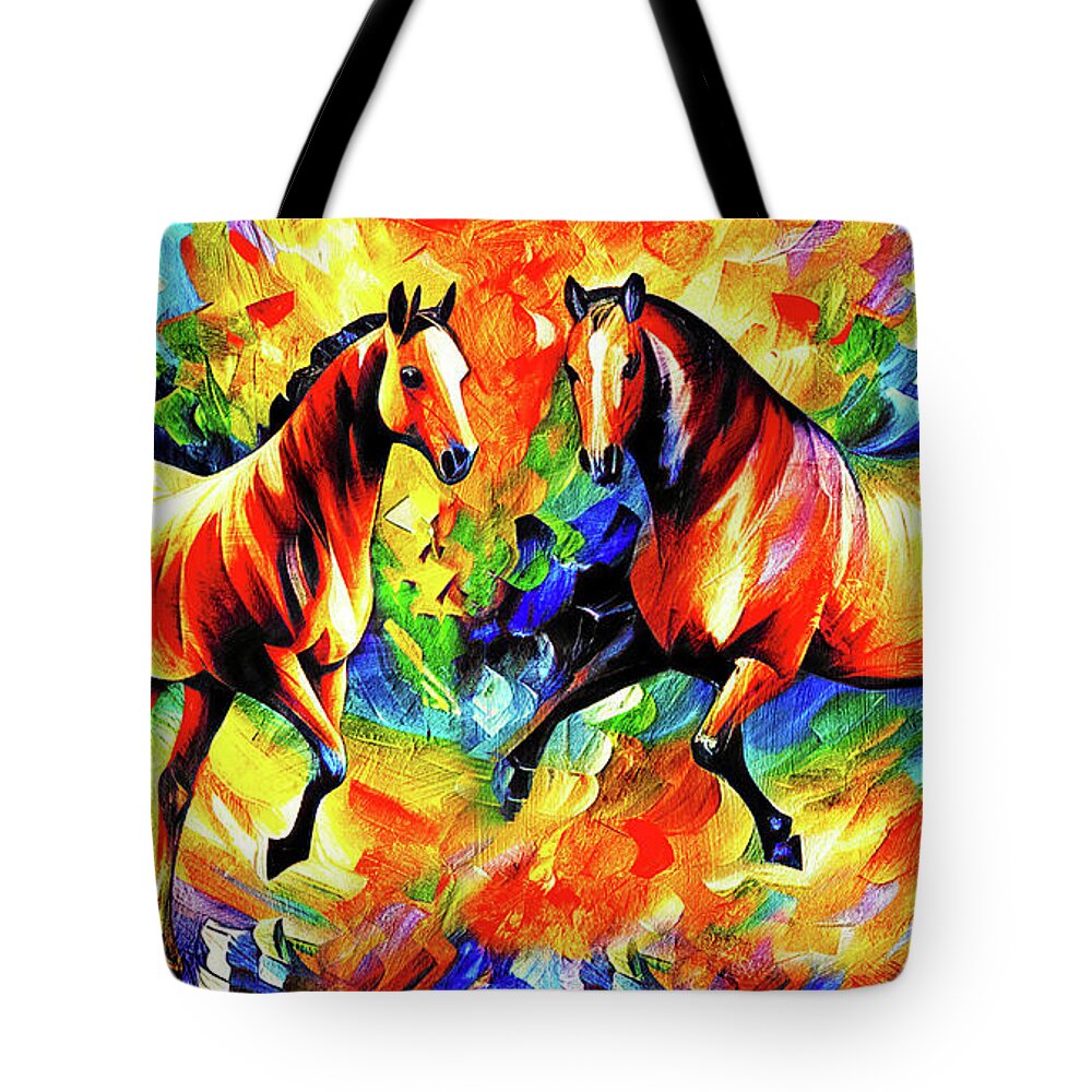 Horse Walking Tote Bag featuring the digital art Colorful abstract horses meeting - digital painting on colorful background by Nicko Prints