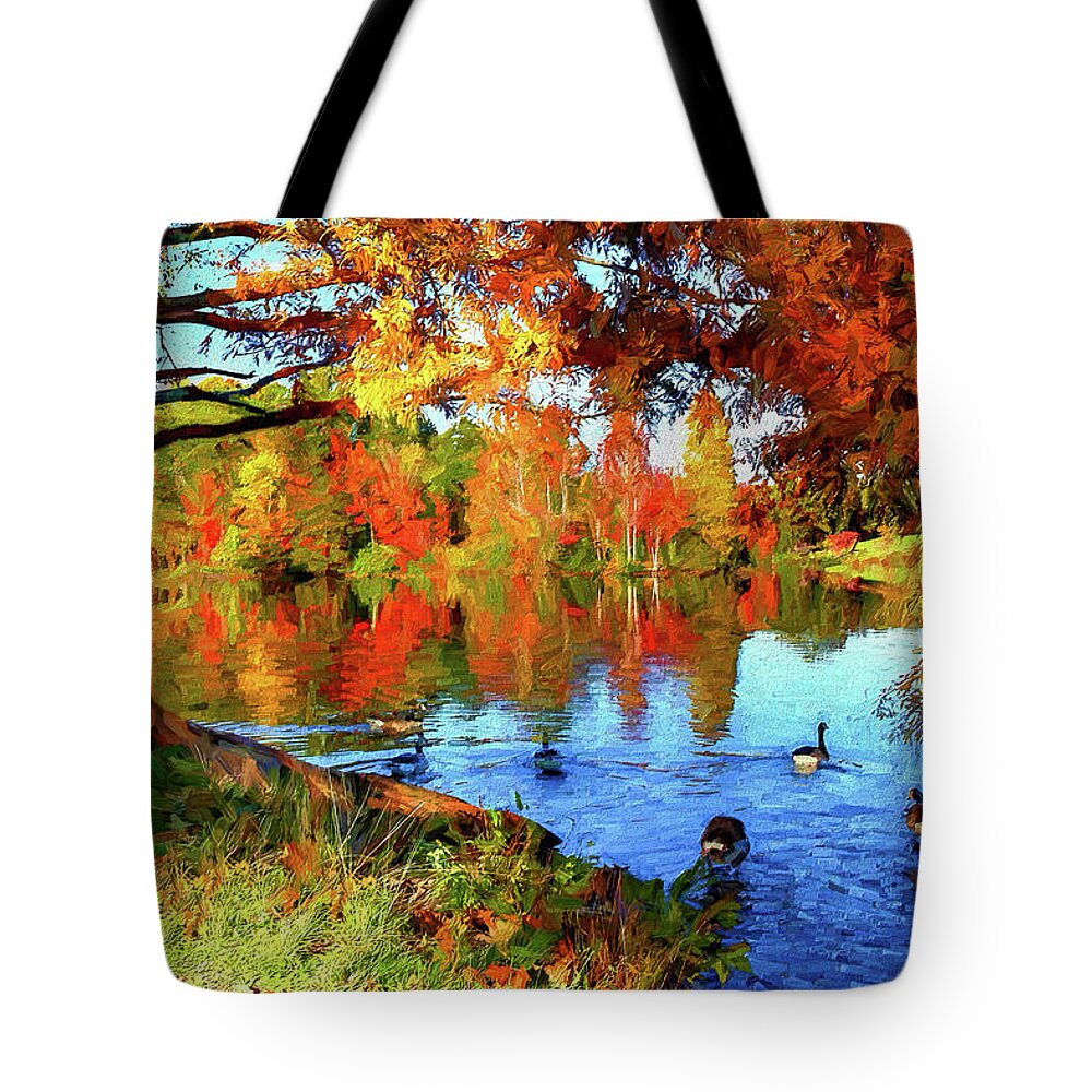 North Carolina Tote Bag featuring the photograph Colorful Autumn on the Lake ap by Dan Carmichael