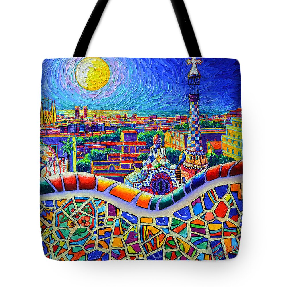 Barcelona Tote Bag featuring the painting COLORFUL BARCELONA PARK GUELL MAGIC NIGHT BY MOON palette knife oil painting by Ana Maria Edulescu by Ana Maria Edulescu