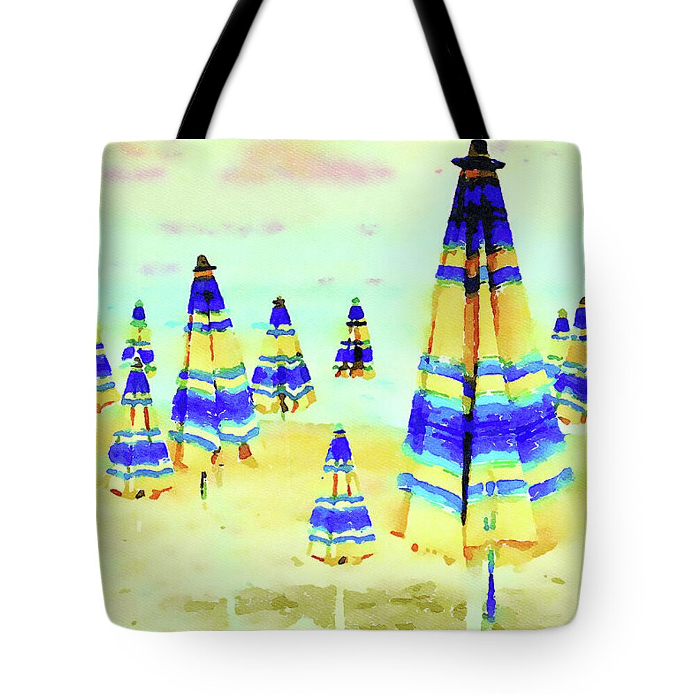 Colorful Tote Bag featuring the digital art Colorful Beach Umbrellas Watercolor Painting by Shelli Fitzpatrick