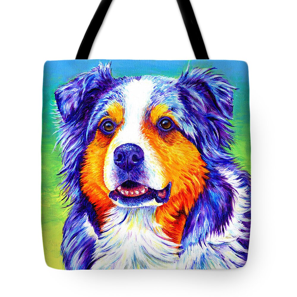 Australian Shepherd Tote Bag featuring the painting Colorful Blue Merle Australian Shepherd Dog by Rebecca Wang