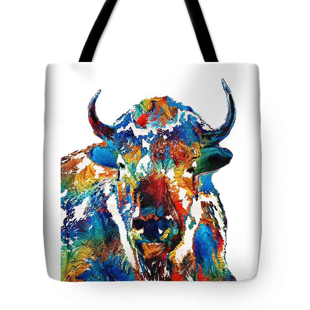 Buffalo Tote Bag featuring the painting Colorful Buffalo Art - Sacred - By Sharon Cummings by Sharon Cummings