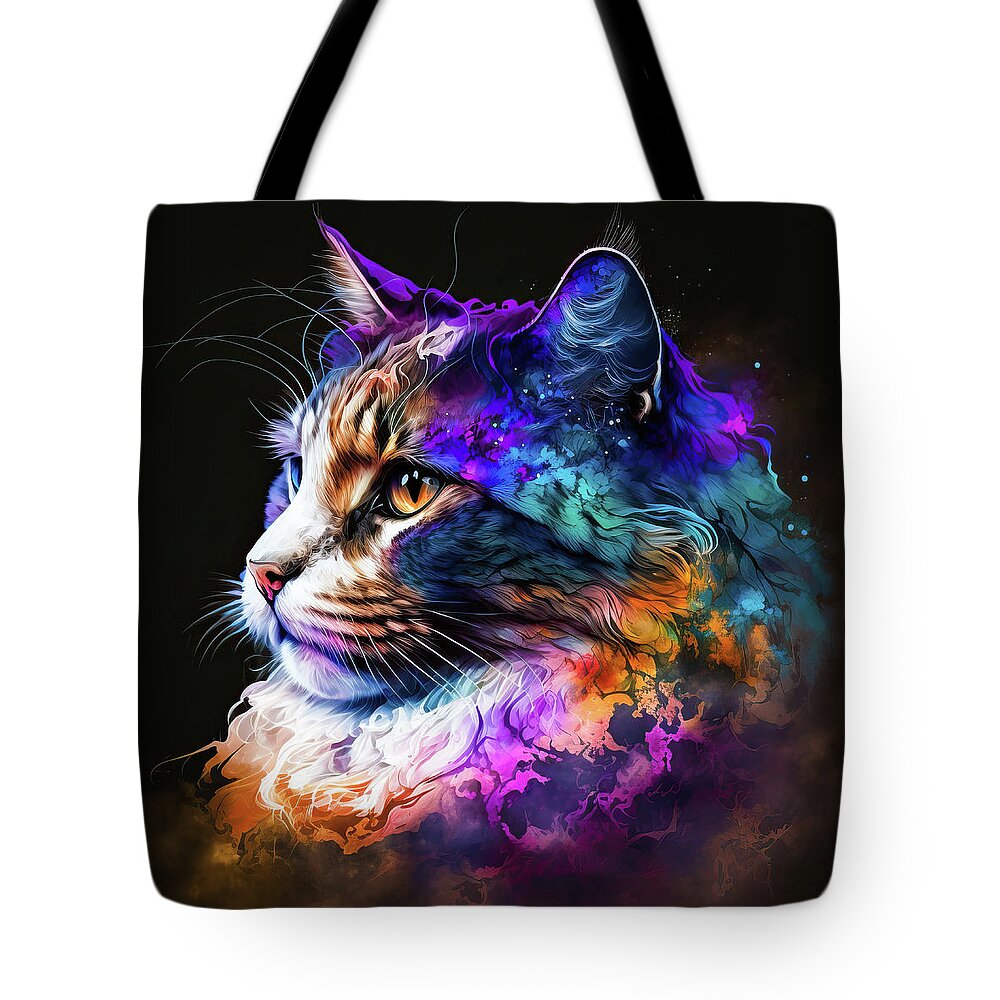 Cat Tote Bag featuring the digital art Colorful Cat Portrait 03 by Matthias Hauser
