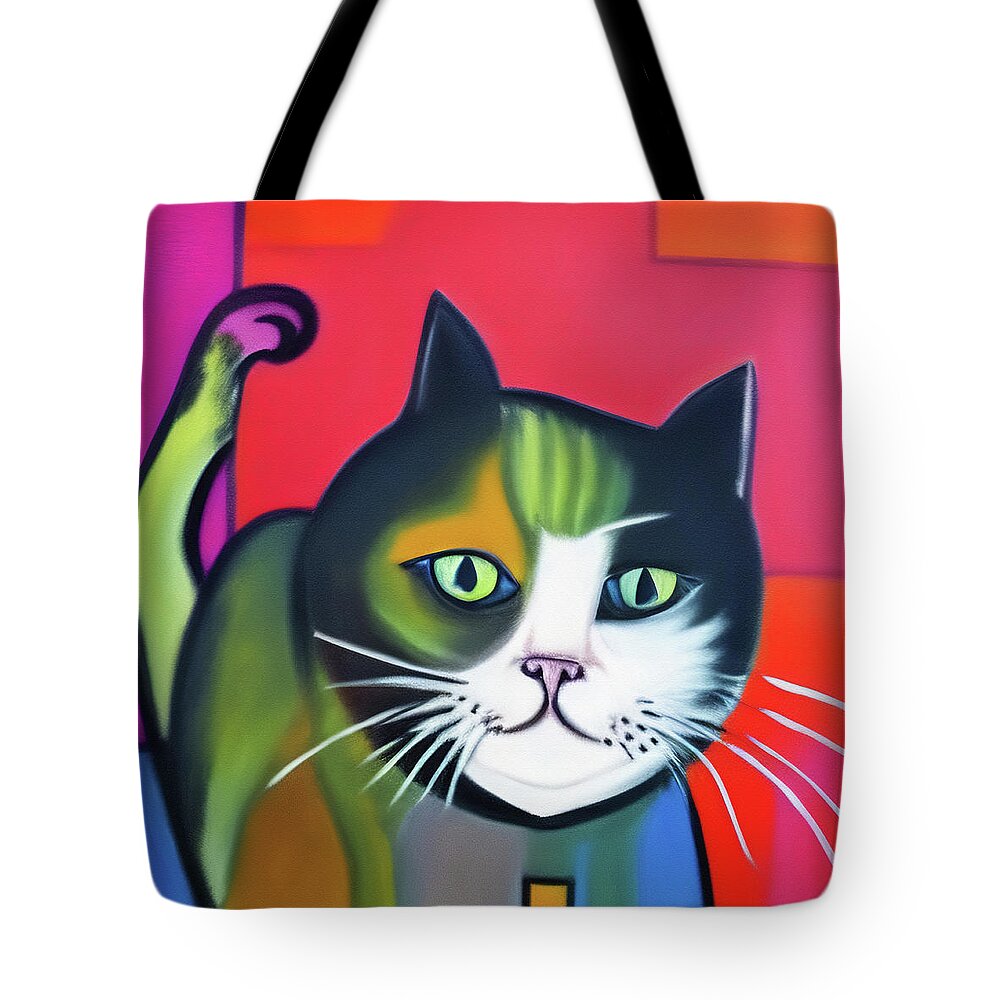 Cat Tote Bag featuring the digital art Colorful cat by Tatiana Travelways