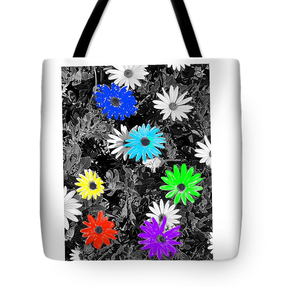 Daises Green Black Blue Yellow Purple White Colorful Selective Tote Bag featuring the digital art Colorful Daisies by Kathleen Boyles