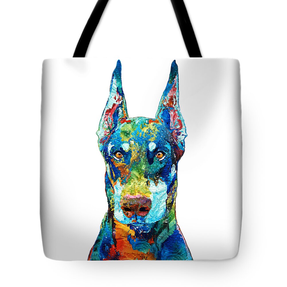 Doberman Pinscher Tote Bag featuring the painting Colorful Doberman by Sharon Cummings by Sharon Cummings