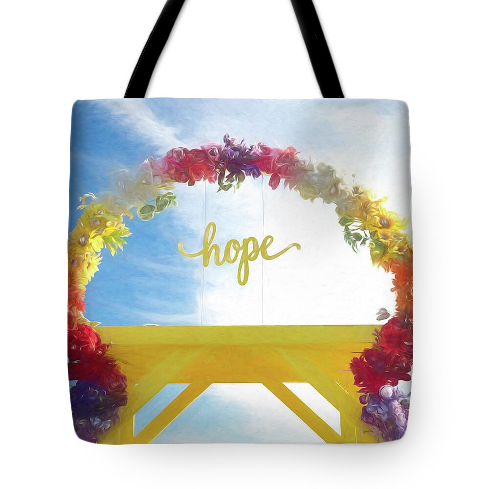 Arch Tote Bag featuring the digital art Colorful Floral Arch of Hope by Kristia Adams