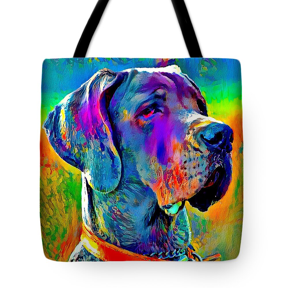 Great Dane Tote Bag featuring the digital art Colorful Great Dane portrait - digital painting by Nicko Prints