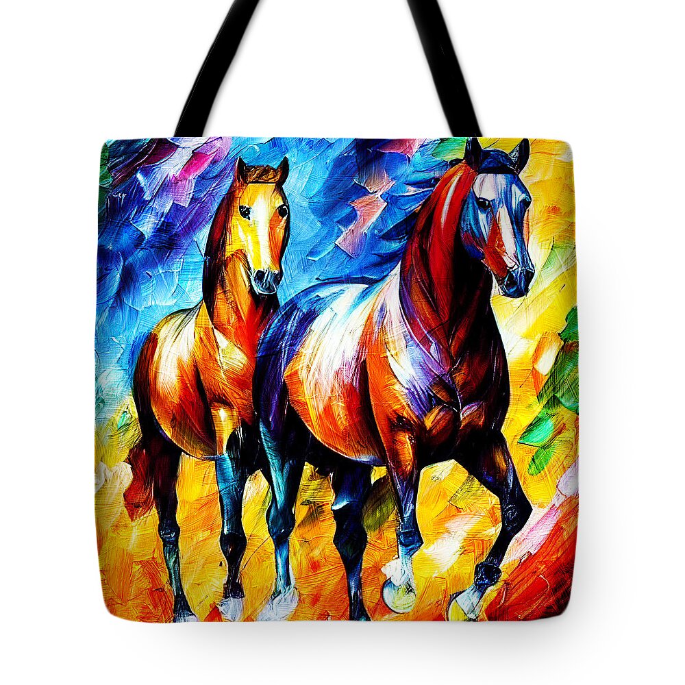 Horse Walking Tote Bag featuring the digital art Colorful horses walking - digital painting by Nicko Prints