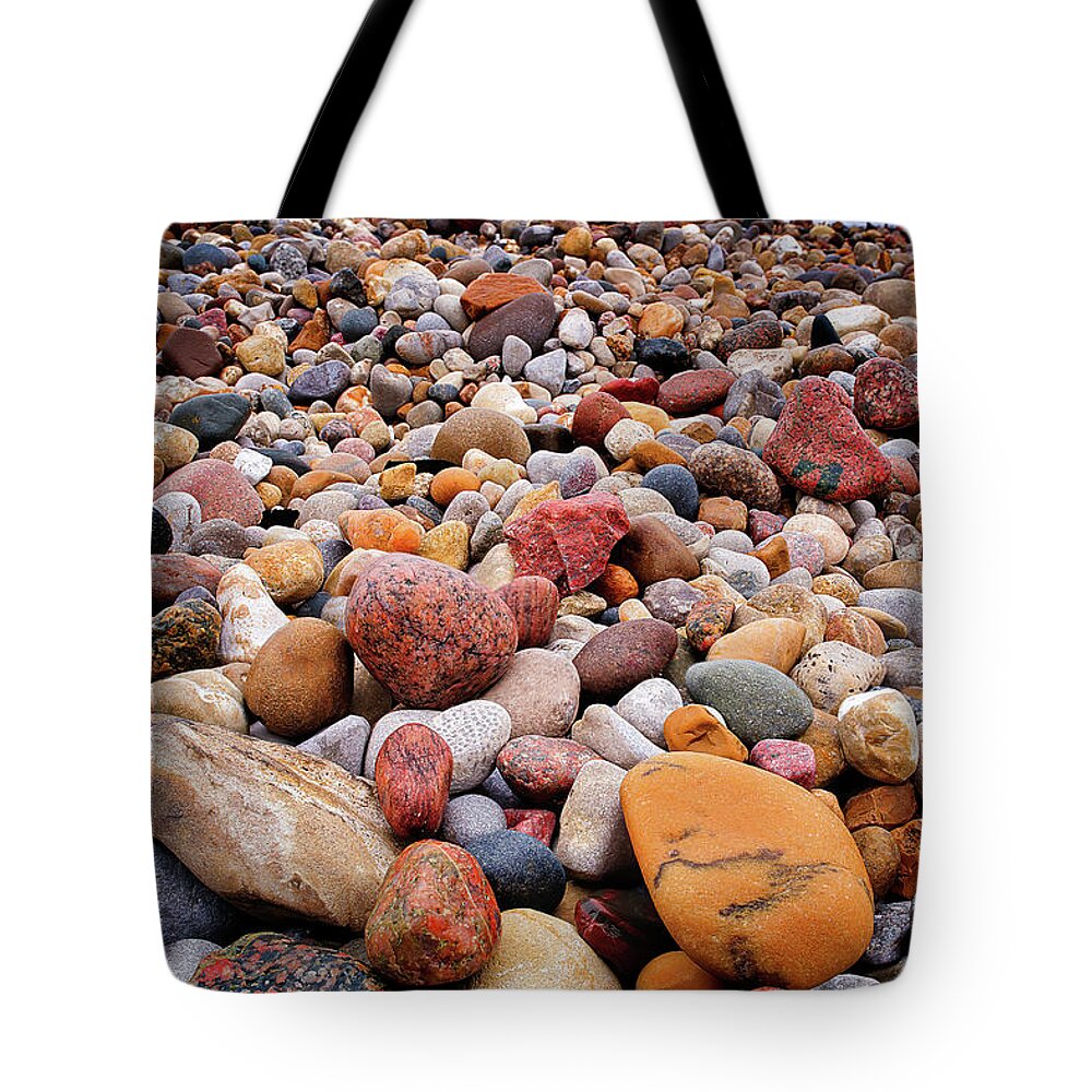 Mudfossil Tote Bag featuring the photograph Colorful Shore Lake Huron Beach Rocks RO9568 by Mark Graf