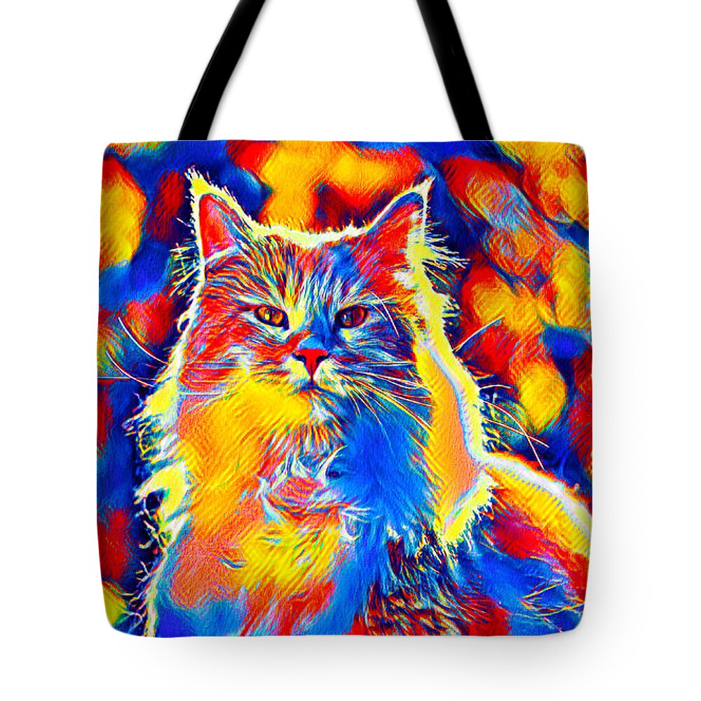 Maine Coon Tote Bag featuring the digital art Colorful Maine Coon cat looking at camera in blue, red and orange by Nicko Prints