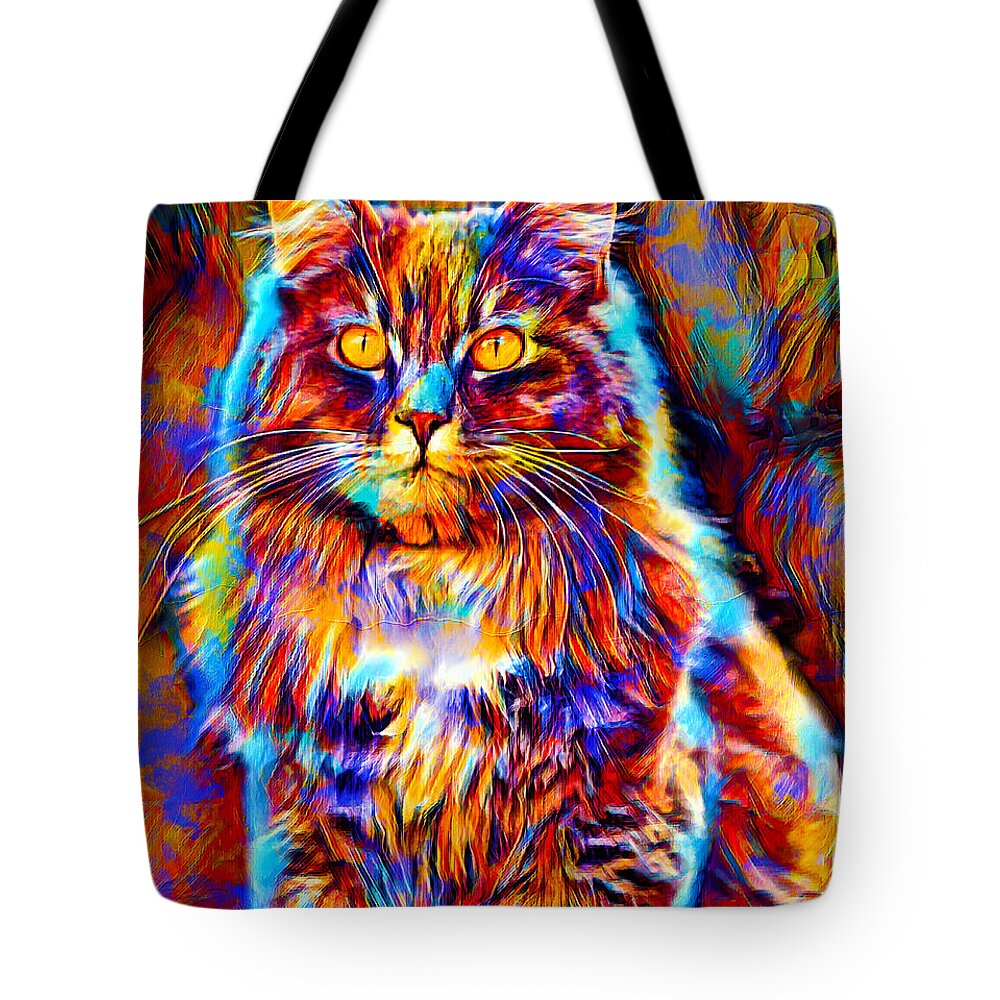 Maine Coon Tote Bag featuring the digital art Colorful Maine Coon cat sitting - digital painting by Nicko Prints