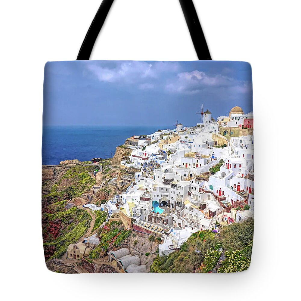 Santorini Tote Bag featuring the photograph Colorful Oia Santorini by Yvonne Jasinski
