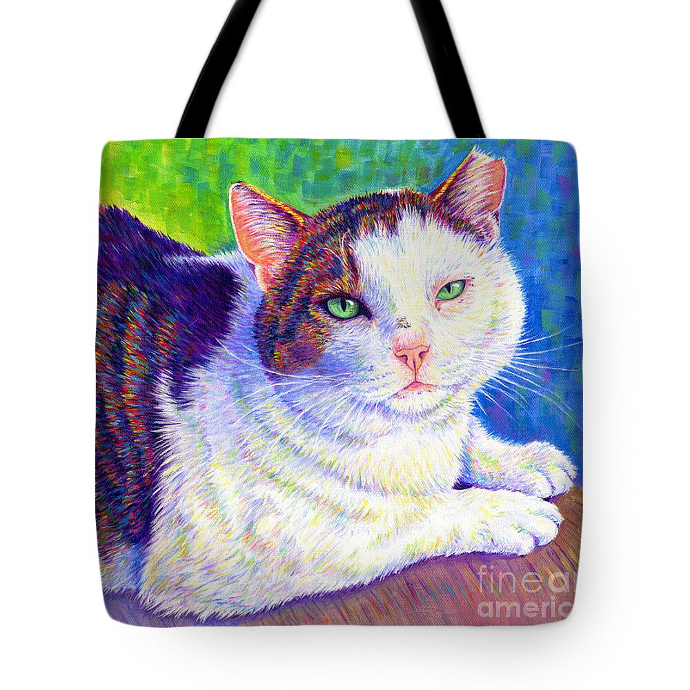 Cat Tote Bag featuring the painting Colorful Pet Portrait - MC the Cat by Rebecca Wang