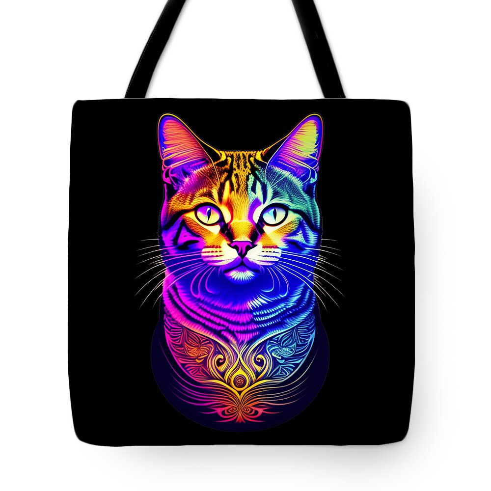 Cool Tote Bag featuring the digital art Colorful Psychedelic Cat by Flippin Sweet Gear