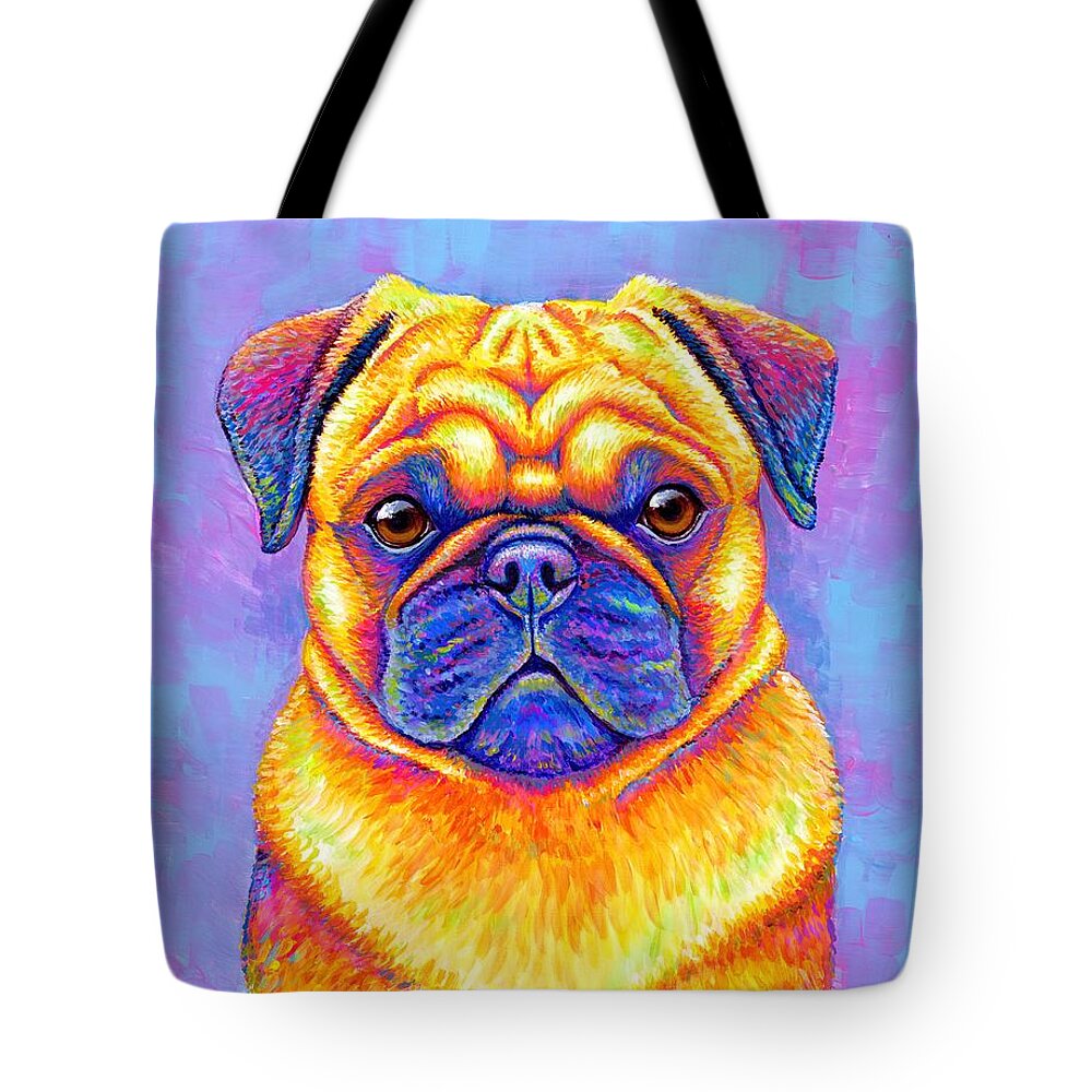 Pug Tote Bag featuring the painting Colorful Rainbow Pug Dog Portrait by Rebecca Wang