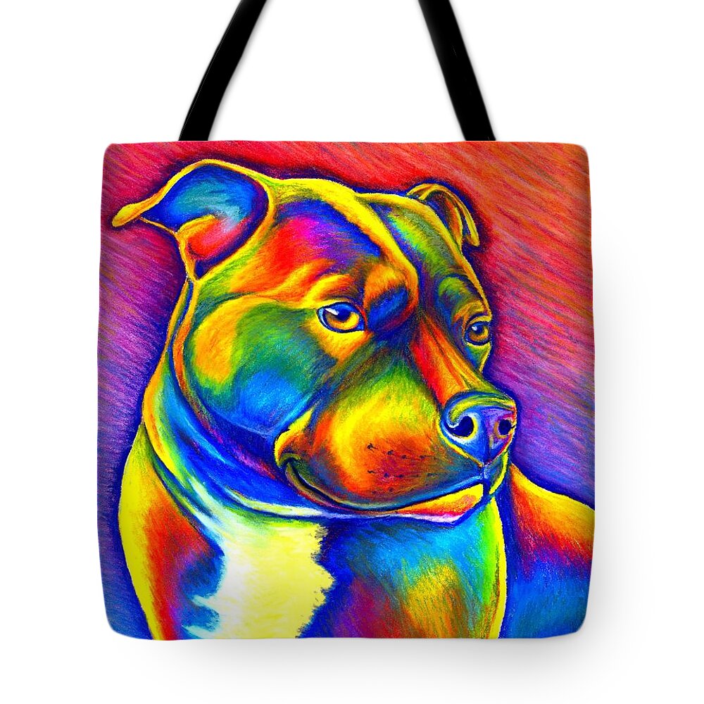 Staffordshire Bull Terrier Tote Bag featuring the painting Colorful Rainbow Staffordshire Bull Terrier Dog by Rebecca Wang