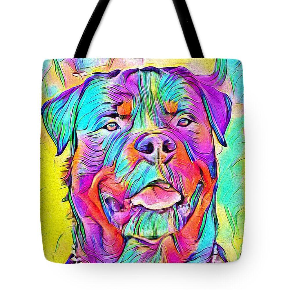 Rottweiler Dog Tote Bag featuring the digital art Colorful Rottweiler dog portrait - digital painting by Nicko Prints