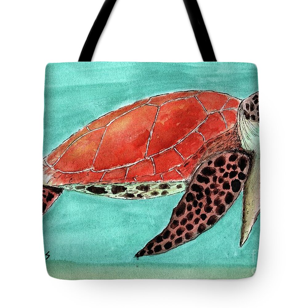 Sea Turtle Tote Bag featuring the painting Colorful Sea Turtle in Blue Green Water by Donna Mibus