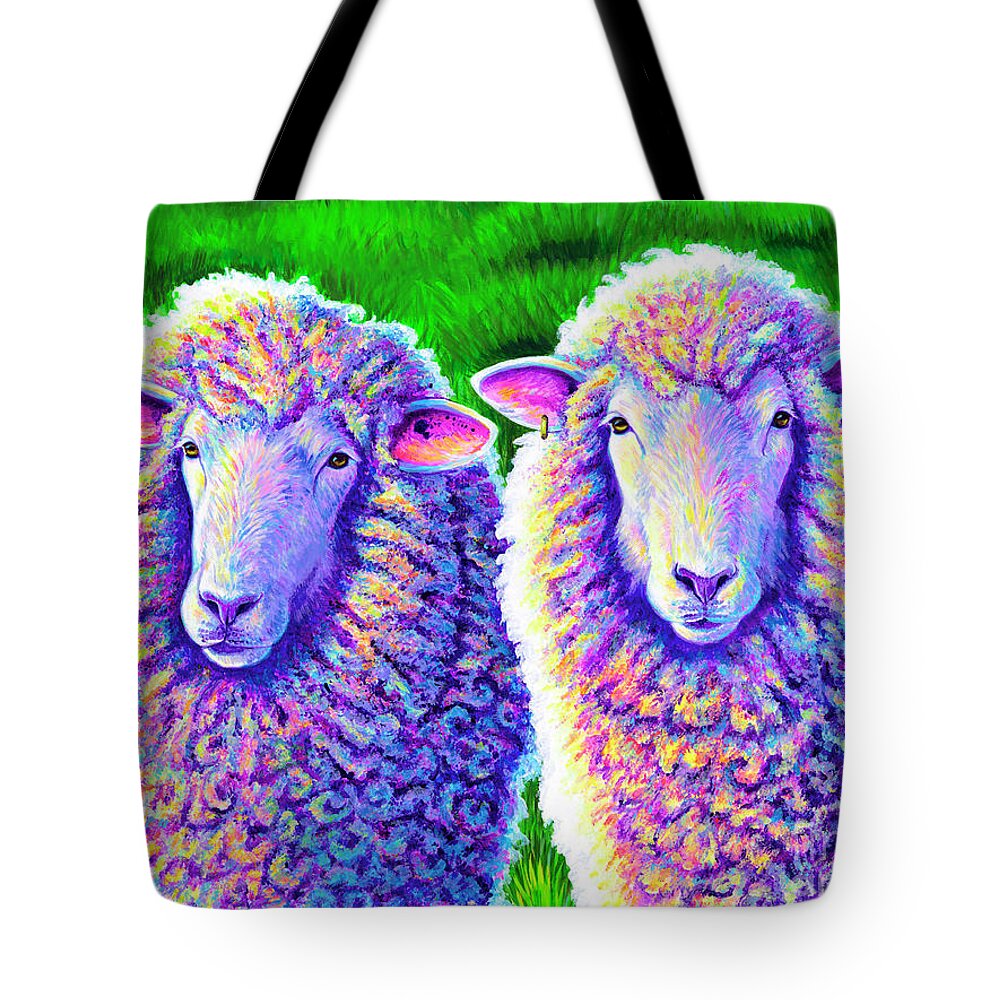 Sheep Tote Bag featuring the painting Colorful Sheep Portrait - Charlie and Curtis by Rebecca Wang