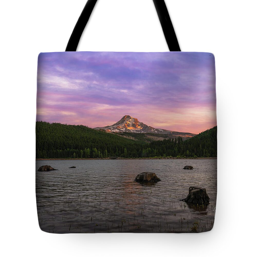Hood Mountain Tote Bag featuring the photograph Colorful Sunset At Laurance Lake by Michael Ver Sprill