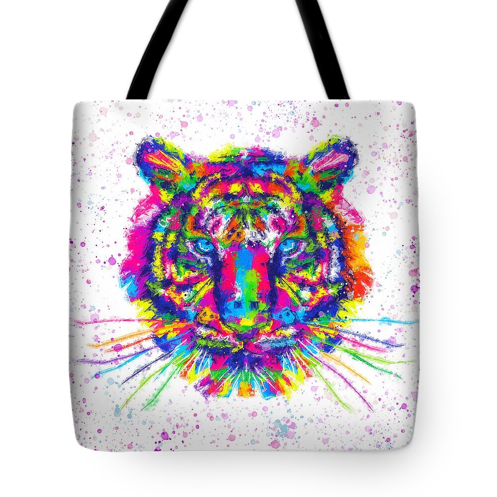 Colorful Tiger Painting Tote Bag featuring the painting Colorful tiger face by Alexandra Arts
