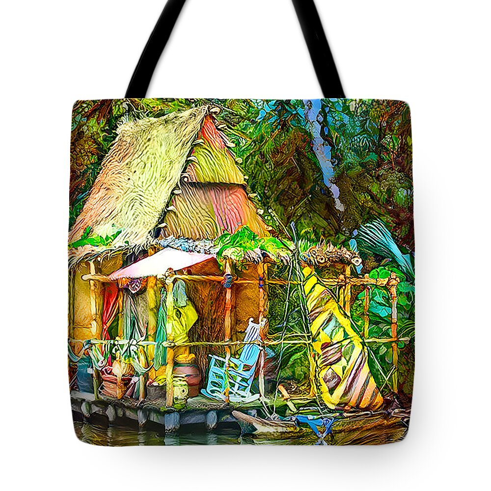 Cabin Tote Bag featuring the mixed media Colorful Tropical Cabin by Debra Kewley