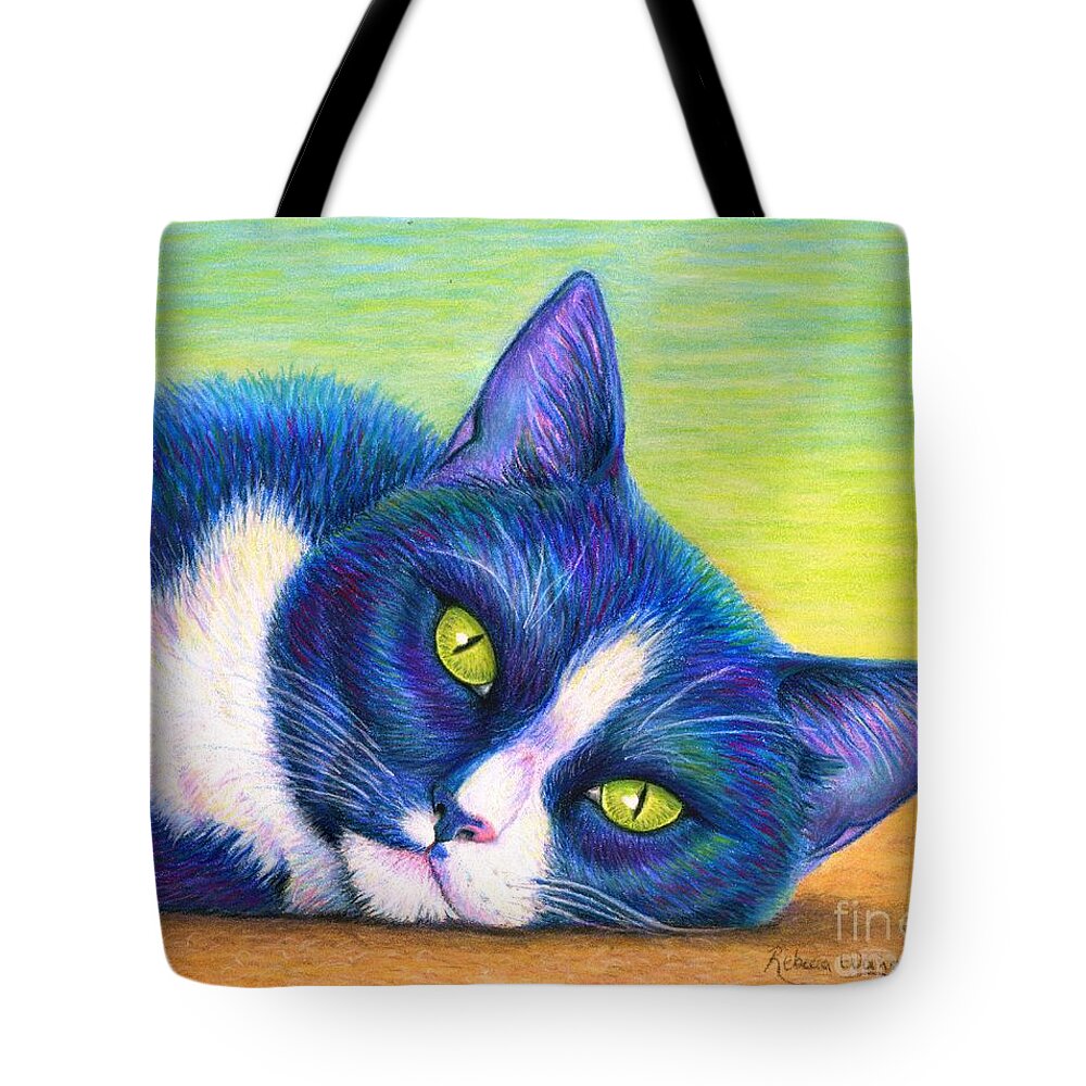 Cat Tote Bag featuring the drawing Colorful Tuxedo Cat by Rebecca Wang