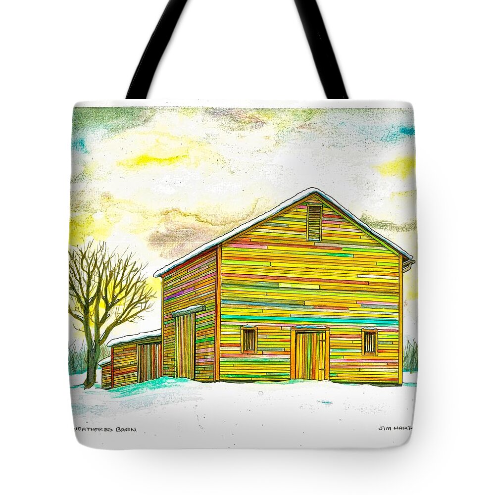 Barn Tote Bag featuring the painting Colorful Weathered Barn by Jim Harris