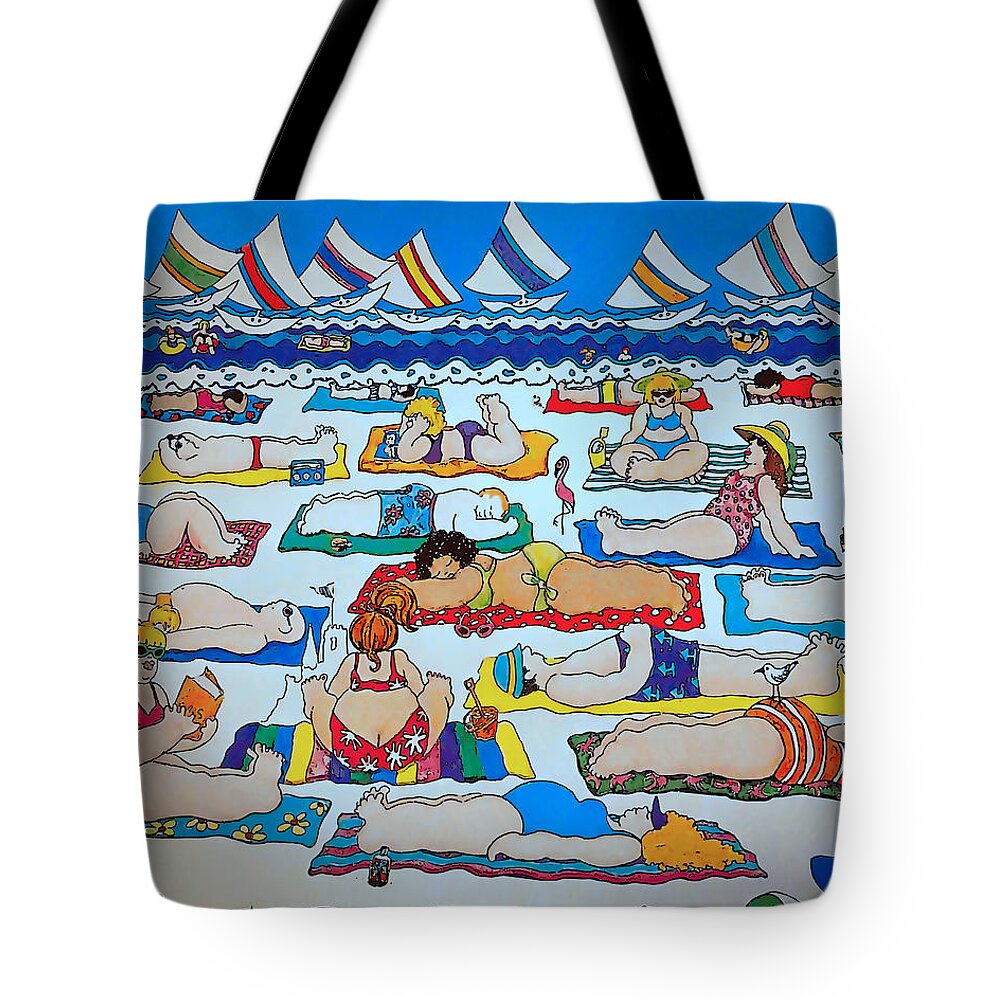 Colorful Beach Tote Bag featuring the painting Colorful Whimsical Beach Seashore Women Men by Rebecca Korpita