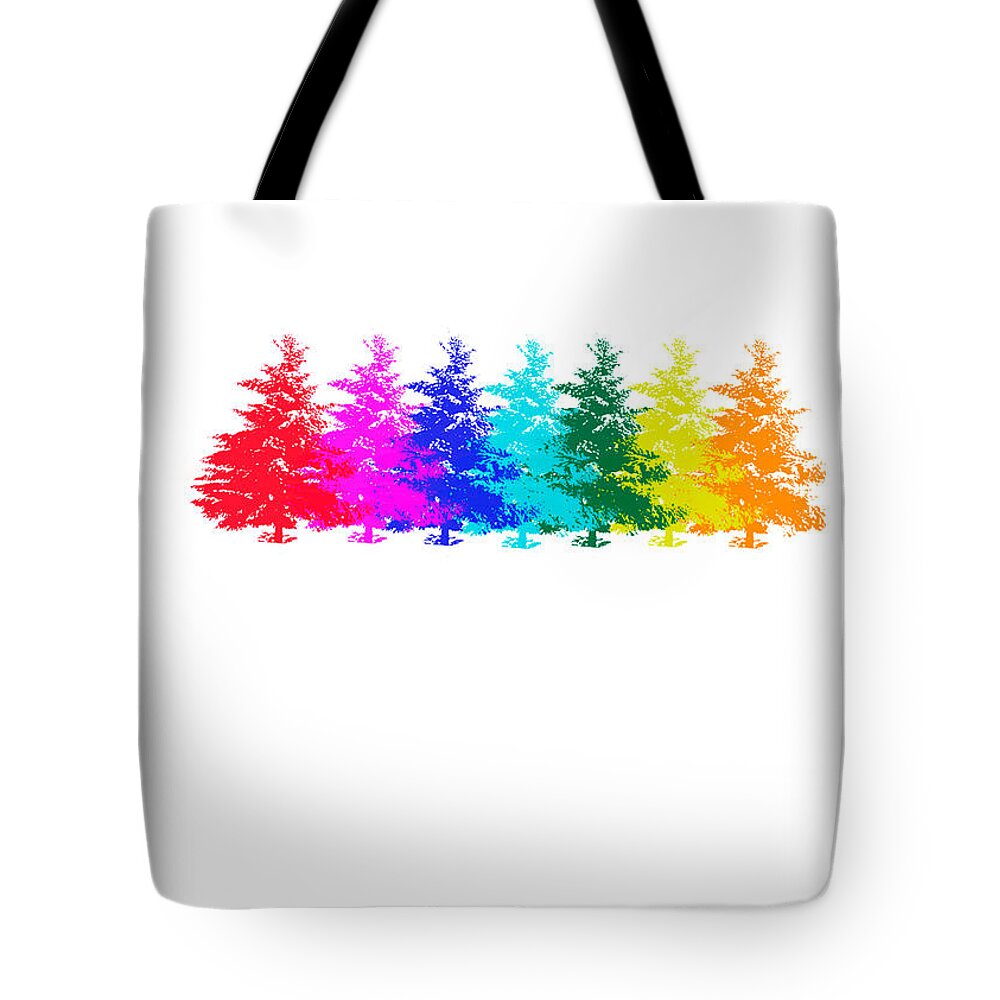 Everygreens Tote Bag featuring the mixed media Colourful Trees by Moira Law