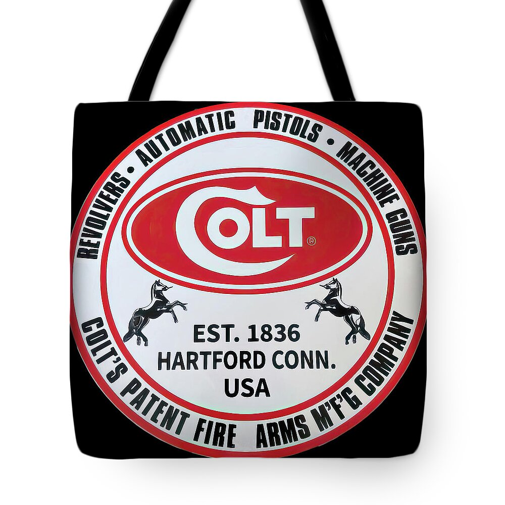 Colt Tote Bag featuring the photograph Colt Firearms vintage sign by Flees Photos