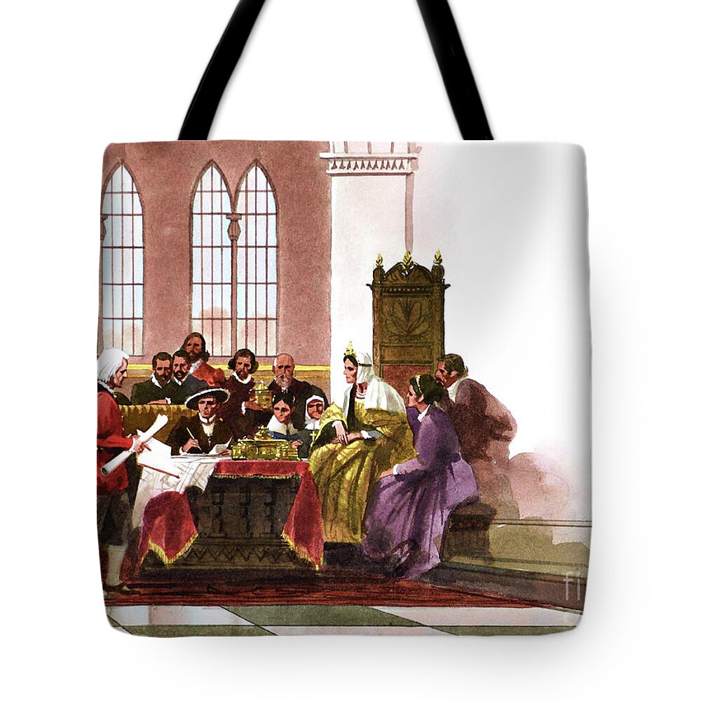 Tom Mcneely Tote Bag featuring the painting Columbus - Seeking Queen Isabella's Support by Tom McNeely
