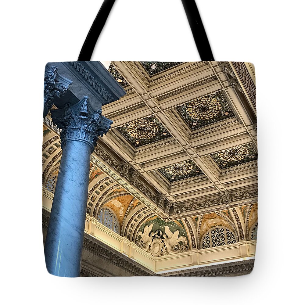 Column Tote Bag featuring the photograph Column and Ornate Ceiling by Lee Darnell