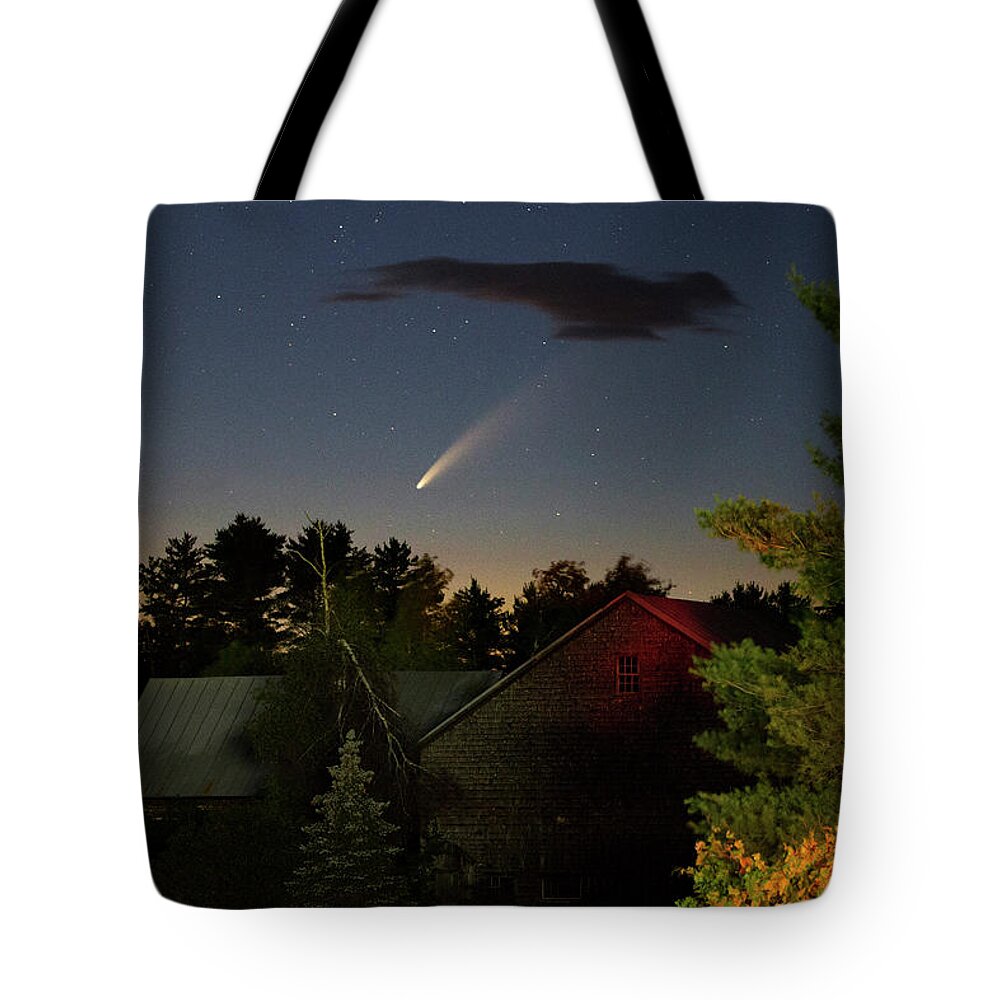 Comet Tote Bag featuring the photograph Comet NEOWISE over Barn by John Meader