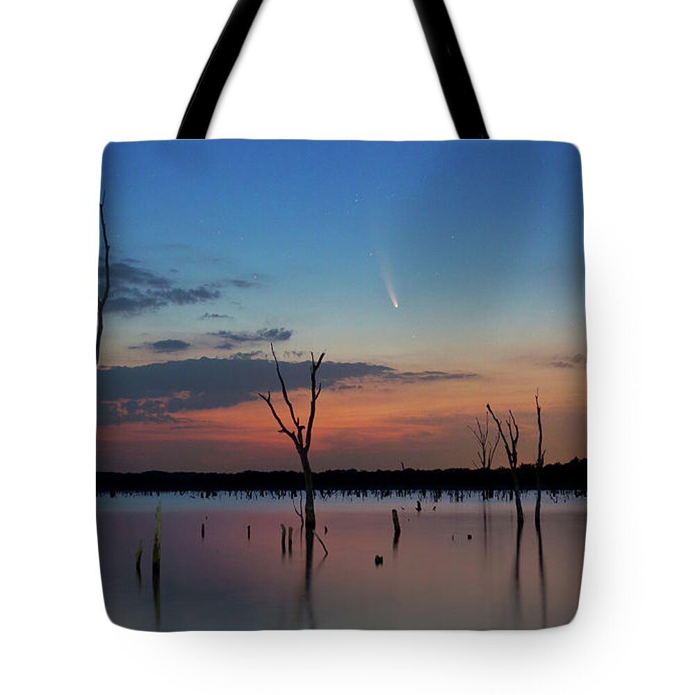 Comet Neowise Tote Bag featuring the photograph Comet Neowise over Lake by Keith Kapple